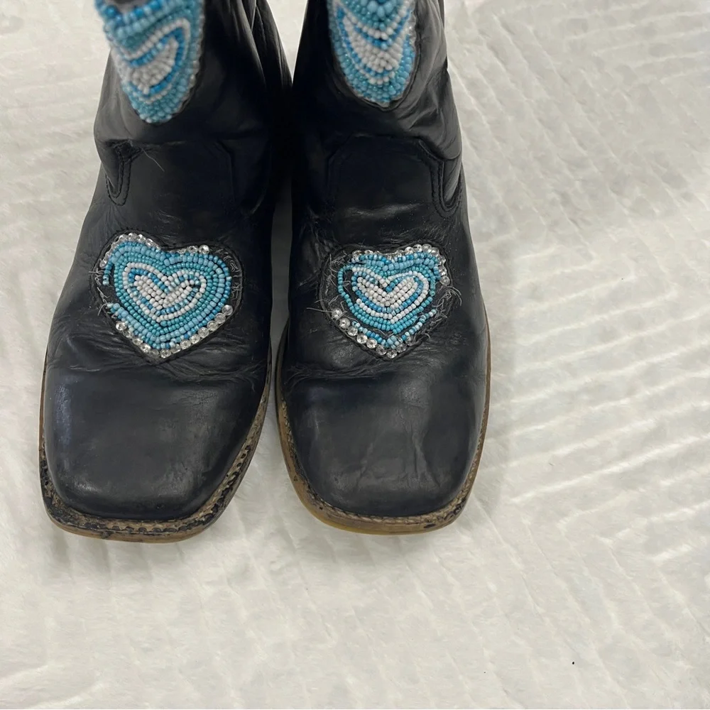 Roper Black Turquoise Kid‎ Cowgirl Boots size 3 western beads leather